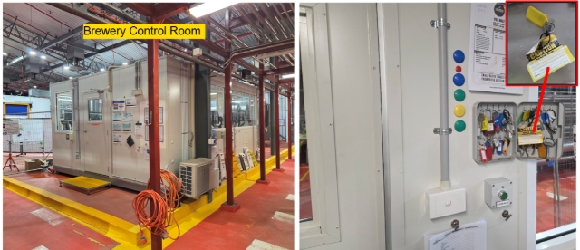 <p>Driver to go the brewery control room inside the brewery</p><p></p><p>Located just inside the door is a key box</p><p></p><p>Spent grain key has a caution label on it</p>
