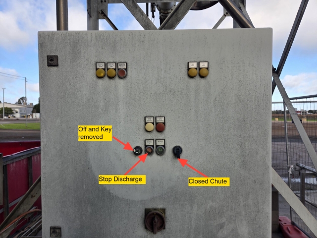 <p>On Completion</p><p></p><p>Press <strong><em>'Red Discharge'</em></strong> button to stop discharging</p><p></p><p>Flick the toggle switch <strong><em>'down'</em></strong> so chute is closed</p><p></p><p>Put Key in the <strong><em>'off'</em></strong> position and remove</p><p></p><p>Place key back in the key box and notify brewers if the tank is empty</p><p></p><blockquote><p>If there is spent grain on the ground within the unloading area notify brewers</p></blockquote><p></p>