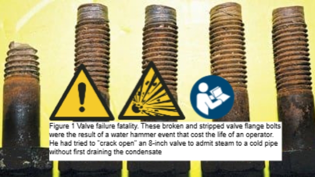 <p><strong><em>Some safety considerations for pressurizing steam lines.</em></strong></p><p></p><p><strong>1. </strong> Always Open the manual condensate drain on the header or section of pipe to be energised ensure all the water is removed <strong>before</strong> attempting to pressurise the system.</p><p><strong>2.</strong> Always open steam valves slowly to reduce the pressure difference. Steam rapidly expands 400m/second about 1200km/hr this can produce 30bar pressure spikes from condensate water hammer. This pressure greatly exceeds the design pressures for the pipe and valves. People have been killed in industrial accidents due to steam systems failing due to rapid pressurisation of condensate flooded pipes.</p><p></p><blockquote><p>Other problems less significant than death.</p><ul><li><p>Thermal shock and cracking of valves, pipes, and gaskets due to sudden temperature change</p></li><li><p>Pressure surges that can damage pressure-reducing valves and downstream equipment</p></li><li><p>Loss of control and unsafe operating conditions for personnel</p></li></ul></blockquote><p>Slow opening allows the line to warm up gradually, condensate to clear, and pressure to stabilise before normal operation. Crack the valve open leave for 5min then open slightly more and leave for another 2-3minutes. Check that pressure is building up in the plant once above 2bar thermal shock risk is greatly lowered and condensate should no longer be present.</p><p>Finish opening the valve over 2-5minutes and then close by 1/2 turn.</p>