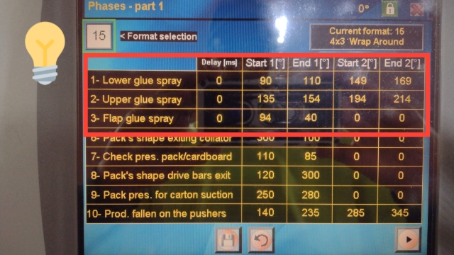 <ul><li><p>Select either Lower Glue, Upper Glue or Flap Glue Spray to change</p></li><li><p>Run a carton through and check change is correct.</p></li><li><p>Make further changes as required.</p></li></ul><p></p>