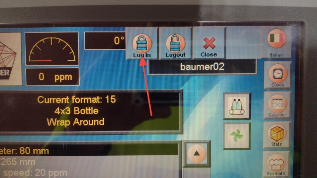 <p>Log in to machine using 'Baumer 01' or 'Baumer 02'</p><blockquote><p>See your supervisor if you do not have access password.</p></blockquote><p></p>