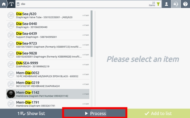 <h1><strong>Process</strong></h1><p></p><p>Press or Click "Process".</p><ul><li><p>VCM will drive to location of the item and display item detail and location on the navigation Bar.</p></li></ul><p></p>
