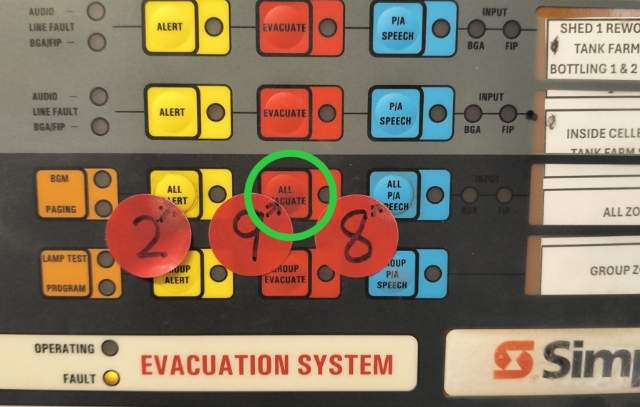 <p>Press red <strong>ALL EVACUATE</strong></p><p></p><blockquote style="background-color: var(--k-quote-bg-neutral);"><p>Chief wardens must go to reception fire control panel to coordinate evacuation and complete handover to emergency services.</p></blockquote><p></p><p>Emergency services must be called (000).</p>