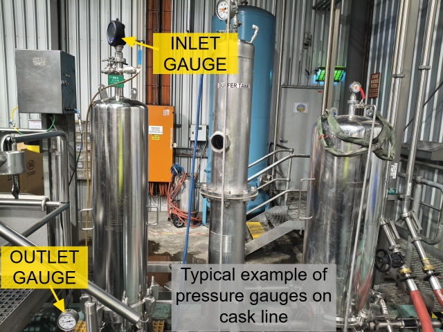 <h3>Typical Filter gauge set up</h3><p></p><p><span style="color: rgb(43, 32, 38);">Two pressure gauges — one on the inlet (before or on top of the filter housing) and one on the outlet (after the filter housing).</span></p><p><span style="color: rgb(43, 32, 38);">The difference between these two readings is the 'Differential Pressure', or “dP.”</span></p><p></p><blockquote style="background-color: var(--k-quote-bg-success);"><p><span style="color: rgb(43, 32, 38);">✔️ Think of it as the effort the pump must exert to push wine through the filter media. A clean filter offers little resistance — a loaded filter offers a lot.</span></p></blockquote><p></p>