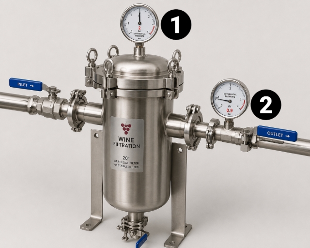 <h4><strong>To read the dP -</strong></h4><ul><li><p>Ensure there is flow through the housing</p></li><li><p>Read the inlet pressure gauge (1)</p></li><li><p>Read the outlet pressure gauge (2), this may be located on top of the next filter housing</p></li><li><p>Gauge 1 - Gauge 2 = dP</p></li></ul><blockquote style="background-color: var(--k-quote-bg-neutral);"><p>Example:</p><p>Inlet = 2.0bar</p><p>Outlet = 0.9Bar</p><p>dP= <strong>1.1Bar</strong></p></blockquote><p></p>
