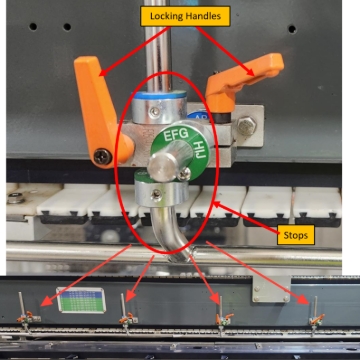 <h2>Step 10 - Adjust Boom side guides</h2><ol><li><p>Loosen locking handles</p></li><li><p>Move the height of the guide to the correct collar - tighten handle</p></li><li><p>Move the width to the correct collar - tighten handle</p></li><li><p>Continue along boom chain until all have been set</p></li><li><p>Repeat for both sides of machine</p></li></ol><p></p>