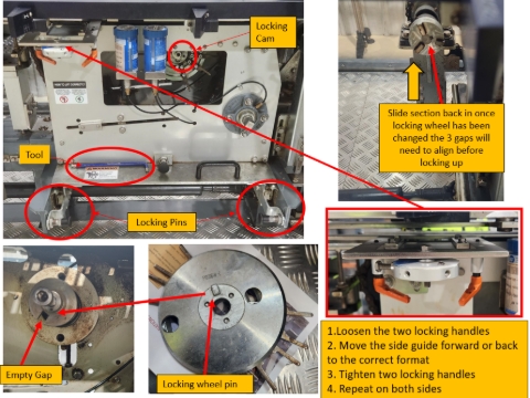 <h2>Step 15 - Locking Section</h2><ol><li><p>Pull out the locking pins and slide locking section out</p></li><li><p>On locking wheel loosen the locking cam by loosing the bolt using an allen key</p></li><li><p>Slide out locking wheel and replace with new one</p></li><li><p>Line up the new locking wheel with grooves on back</p></li><li><p>Turn locking cam and tighten bolt</p></li><li><p>Slide locking section back into place, rear of section needs to line up with drive wheel</p></li><li><p>Push locking pins in to lock in slide</p></li></ol><blockquote><p>Note: If Slide is not lined up properly you will not be able to lock it in</p></blockquote><p></p>