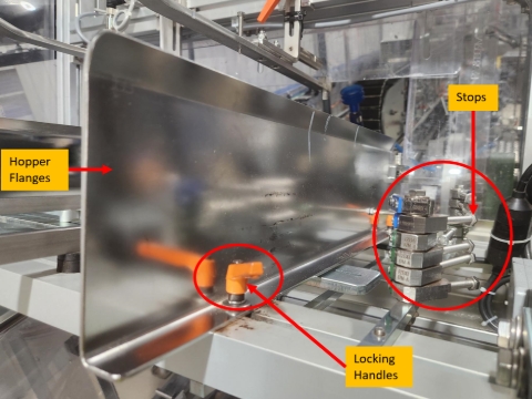 <h2>Step 3 - Hopper Width</h2><ol><li><p>Loosen the two locking handles</p></li><li><p>Move slightly the hopper flanges to the select stop of the required format</p></li><li><p>Bring the hopper against the stop</p></li><li><p>Tighten the two locking handles</p></li><li><p>Repeat on both sides</p></li></ol><blockquote><p>Note: Magazine width needs to be set for both sides.</p></blockquote><p></p>