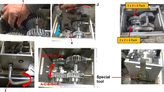 <h2>Step 5 - Gear Box</h2><ol><li><p>Open Gear Box safety cover</p></li><li><p>Unlock the index button (1) to unlock the index block</p></li><li><p>Using the Special tool (2) and using the crank handle (3) push or pull the index block (4) to the correct position and engage it into the synchronisation hub of the sprocket to the correct format</p></li><li><p>Lock the index button in the down position</p></li><li><p>Close the gear box safety cover</p></li><li><p>Place Tool back into position</p></li></ol><p></p>