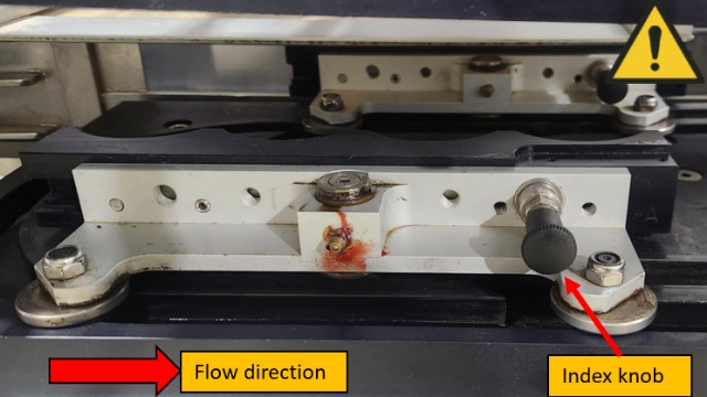 <h2>Step 9 - Grippers</h2><ol><li><p>Unlock the index knob by pulling upwards </p></li><li><p>Slide out gripper to remove (if stuck a gentle tap with rubber mallet may be required)</p></li><li><p>Install new gripper and ensure index knob is locked in place</p></li><li><p>Use the Crank handle to slowly rotate machine to access all grippers </p></li><li><p>Repeat for all grippers on both sides</p></li></ol><blockquote><p><strong>SAFETY</strong> - Ensure all persons are back before rotating the machine</p></blockquote><p></p>