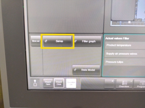 <h2>Servo Failure Faults</h2><p>The machine may stop with Sychronisation error due to a blockage or servo has been put out of position through maintenance or cleaning works.</p><ol><li><p>Log into machine (needs to be Technical supervisor or higher)</p></li><li><p>Navigate to Servo page on main screen</p></li></ol><blockquote><p>NOTE; If fault is 'Servo Failure' see:</p><p><klink id="b3c4b176-5e71-4a1f-bb0f-fbf8fd365139" step-id="16ec1ad7-4e54-40bb-b993-653f2b1a1c4e">Resetting Servo Failure - Line 9 Filler</klink></p></blockquote><p></p>