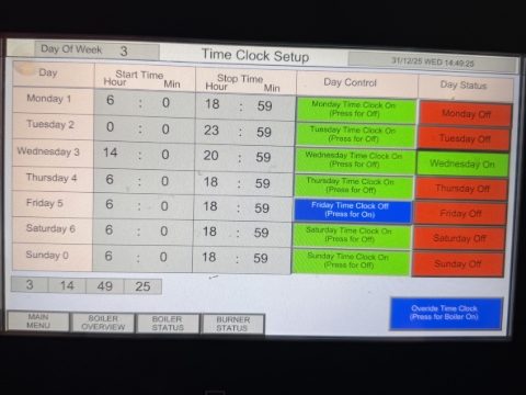 <p>Screen elements</p><p><strong>Start time</strong> - boiler start enabled</p><p><strong>Stop time</strong> - boiler start disable</p><p></p><p><strong>Day control</strong> - indicates if the clock functions is active for the day. Green active blue inactive</p><p></p><p><strong>Day status </strong>- indicates the boiler status now, future periods will indicate off as default they will update to on when the boiler time is active. In the image it was Wednesday and the boiler was in the active time range.</p><p></p><p><strong>Time Clock Override On</strong> - this function ignores start end times and day functions. When Yellow override is active.</p>