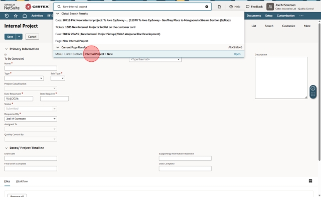 <p>Click "Internal Project > New" to open a new card.</p>