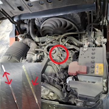 <p>LPG: To check the oil, remove the dipstick circled in red, clean off with a rag so there is no oil showing (far left image) and dip it in again and pull out, as long as the oil is up around the top mark (right image) nothing need to be done, if it as at half way or more towards the bottom mark, you'll need to organize a service.</p>