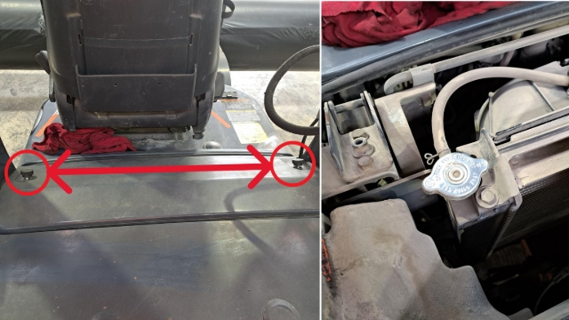 <p>LPG: To check the radiator level, the engine must be completely cold. move the tank out of the way as before, undo the two knobs (left picture) open the radiator cap (silver) and see if you can see water, if you can't, add some.</p>