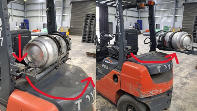 <p>LPG: Unlatch the tank and swing open</p>