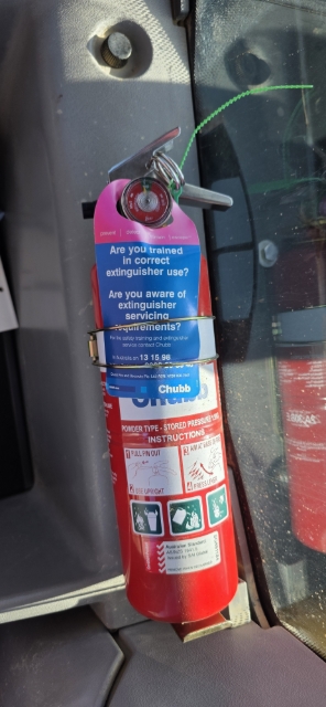 <p><strong>Check the fire extinguisher</strong></p><p>Confirm:</p><ul><li><p>Fire extinguisher is present.</p></li><li><p>It is securely mounted.</p></li><li><p>Access is not obstructed.</p></li><li><p>Safety pin and tamper seal are intact.</p></li><li><p>Pressure indicator is within the acceptable range.</p></li><li><p>Inspection or service date is current.</p></li><li><p>Cylinder and hose are not damaged.</p></li></ul><p><strong>Pass:</strong> Extinguisher is present, secure and current.<br><strong>Fail:</strong> Missing, discharged, damaged, overdue or inaccessible.</p>