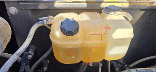 <p><strong>Check the coolant level</strong></p><p>Only check or open the cooling system when the engine is cool.</p><ol><li><p>Inspect the coolant reservoir.</p></li><li><p>Confirm the coolant is between the minimum and maximum marks.</p></li><li><p>Inspect the reservoir, radiator area and hoses for damage or leakage.</p></li><li><p>Confirm the cap is fitted securely.</p></li></ol><p><strong>Never open a hot, pressurised cooling system.</strong></p><p><strong>Pass:</strong> Coolant is within the acceptable range with no visible leaks.<br><strong>Fail:</strong> Coolant is low, contaminated or leaking.</p>
