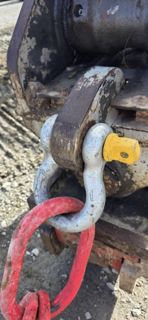 <p><strong>Inspect the lifting eye and D-shackle</strong></p><p>Shut the machine down and isolate it before physically inspecting lifting equipment.</p><p>Check the lifting eye for:</p><ul><li><p>Cracks</p></li><li><p>Distortion</p></li><li><p>Excessive wear</p></li><li><p>Damage around welds</p></li><li><p>Elongation of the lifting point</p></li><li><p>Missing identification or load markings</p></li></ul><p>Check the D-shackle for:</p><ul><li><p>Correct rating</p></li><li><p>Wear or distortion</p></li><li><p>Cracks or corrosion</p></li><li><p>Bent or damaged pin</p></li><li><p>Pin threading and secure engagement</p></li><li><p>Positive retaining device where required</p></li></ul><p><strong>Pass:</strong> Components are correctly rated, secure and undamaged.<br><strong>Fail:</strong> Any cracking, distortion, excessive wear, missing markings or insecure connection.</p><p>Do not use damaged or unidentified lifting equipment.</p>