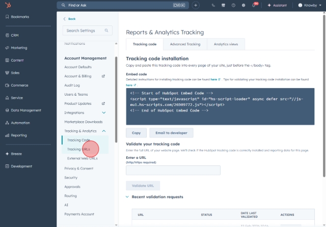 Click "Tracking URLs".