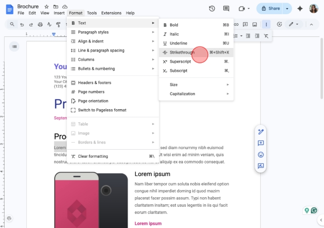 <p>Click "Strikethrough" in the "Text" menu.</p>