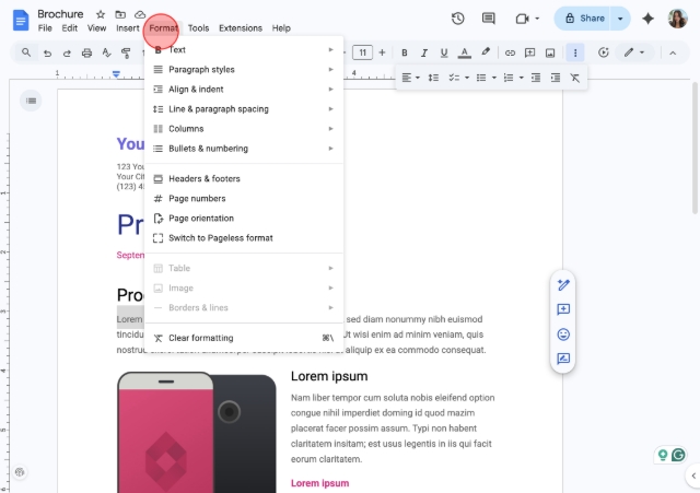 Once your text is selected, click "Format" from the options along the top of your window.