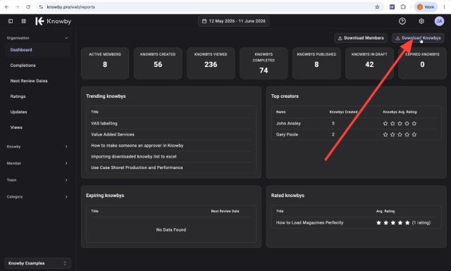 <p>Go to the reporting portal.</p><p></p><p>Click on "Download Knowbys" </p><p></p><p>This will download a JSON file of all the information about your knowbys.</p>