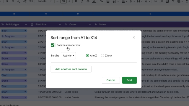 <p>Check the box labeled <strong>"Data has header row."</strong> This prevents your column titles (like "Date" or "Name") from being mixed in with the sorted data.</p>