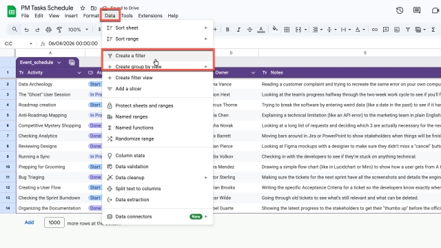 <h2>Method 1: Using Filters for Active Management</h2><p>Choose the column(s) you want to sort by date for and select “Data” from the toolbar and click “Create a Filter”</p><p></p>