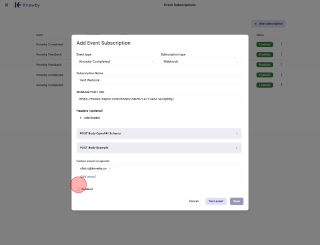 <p>Click the Enabled button to enable your webhook.</p>