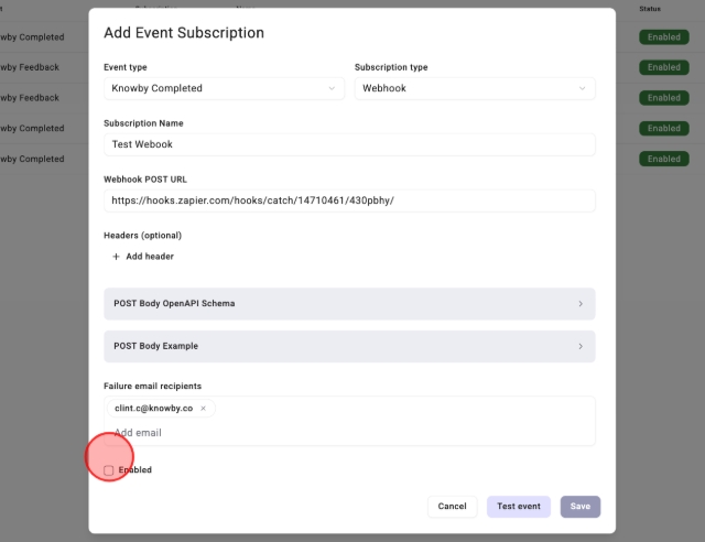 <p>Click the Enabled button to enable your webhook.</p>