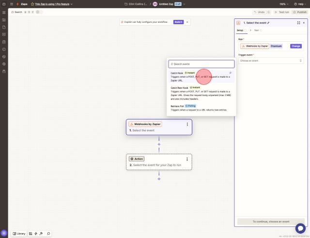 <p>Click "Catch Hook > Triggers when a POST, PUT, or GET request is made to a Zapier URL.".</p>