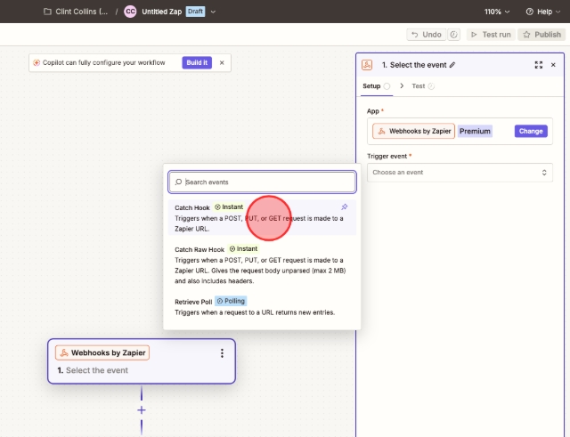 <p>Click "Catch Hook > Triggers when a POST, PUT, or GET request is made to a Zapier URL.".</p>