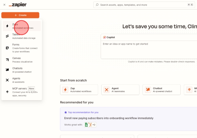 <p>Click "Zaps - Automated workflows".</p>