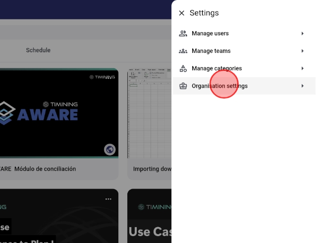 <p>Click "Organisation settings".</p>