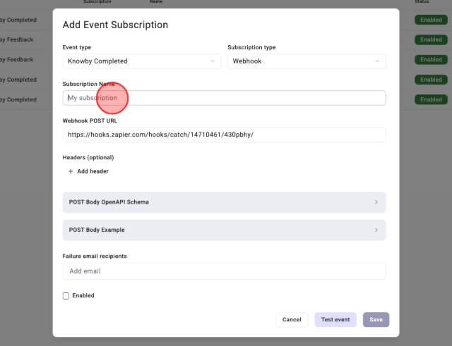 <p>Click "Subscription Name" and enter a suitable name for the webhook.</p>