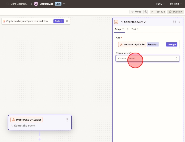 <p>Click "Trigger > Choose an event".</p>
