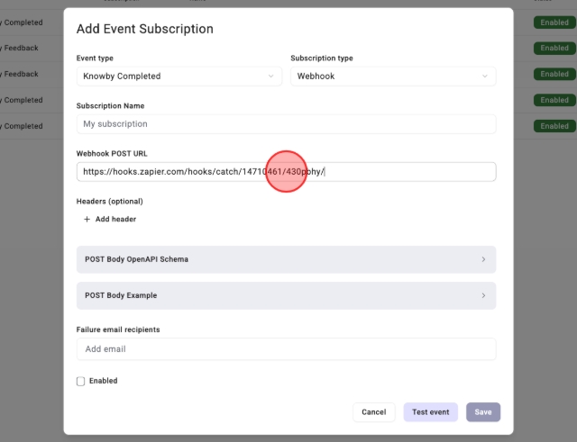<p>Paste in the webhook URL from Zapier (e.g. https://hooks.zapier.com/hooks/catch/...)</p>
