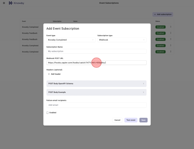 <p>Paste in the webhook URL from Zapier (e.g. https://hooks.zapier.com/hooks/catch/...)</p>
