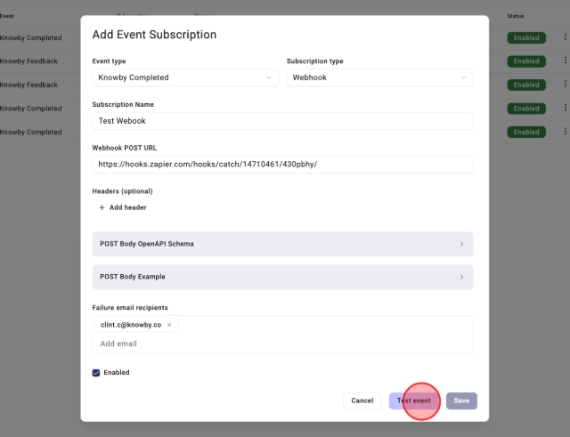 Click "Test event".