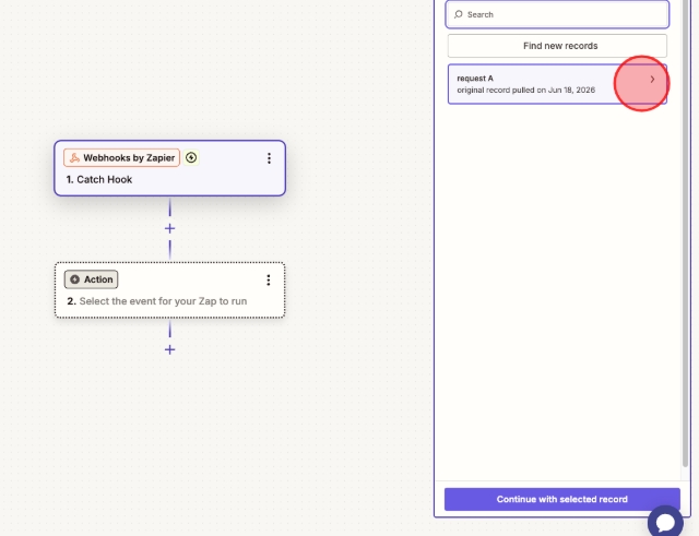 <p>You will see a new record, request A.  Click "request A".</p>