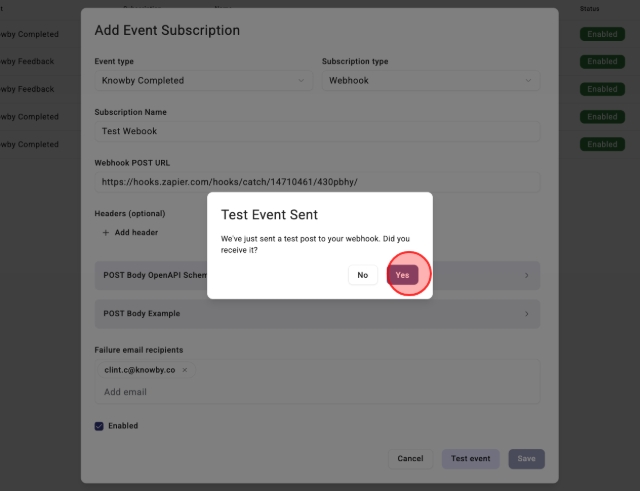 <p>Navigate back to Knowby: click "Yes" to confirm you have receive the Test Event.</p>