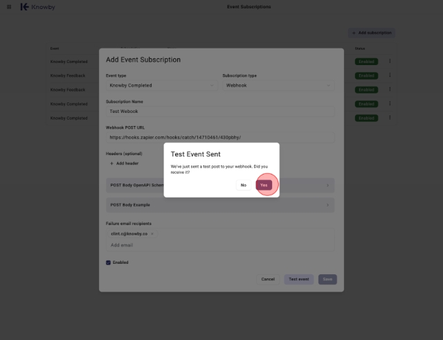 <p>Navigate back to Knowby: click "Yes" to confirm you have receive the Test Event.</p>