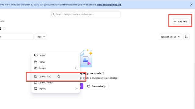 <p>Click "Add new" button or do the right-click on the empty space and select the "<strong>Upload files"</strong> button.</p>