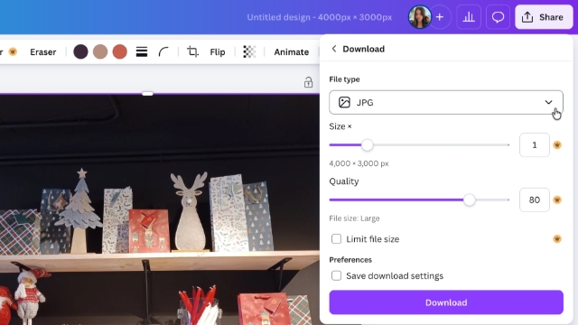 <p>In the dropdown menu, select the <strong>Download</strong> option.</p><p>Under "File type," click the current format (likely PNG) to open the dropdown menu and select <strong>JPG</strong> from the list.</p><blockquote><p>You can adjust the quality slider if you have a paid Canva Pro account. 80-90% is typically fine for most purposes.</p></blockquote><p></p>