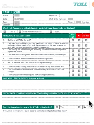 <p>Complete ‘<a class="e-rte-anchor" href="http://www.knowby.co" title="http://www.knowby.co" target="_blank" aria-label="Open in new window">Take 5 Form</a>’ to identify any hazards that may affect themselves or</p><p>others. </p>