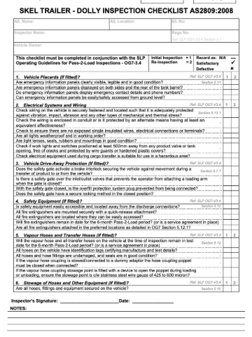 <p><strong>Servicing a tanker</strong></p><p>− Using the ‘Trailer-Dolly Service Sheet’ check or inspect each item, ensure to</p><p>complete the sheet as you go to ensure no points are overlooked.</p><p>− Confirm the liquid type and relevant SDS information</p><p>− Raise handrails. Fall arrest to be worn when working at heights. (NOTE</p><p>− Workers undertaking service of fuel tankers must have SLP training</p><p>− NOTE: The need for safety equipment and the nature of the equipment will</p><p>depend on the nature of the road tank vehicle’s cargo.</p>