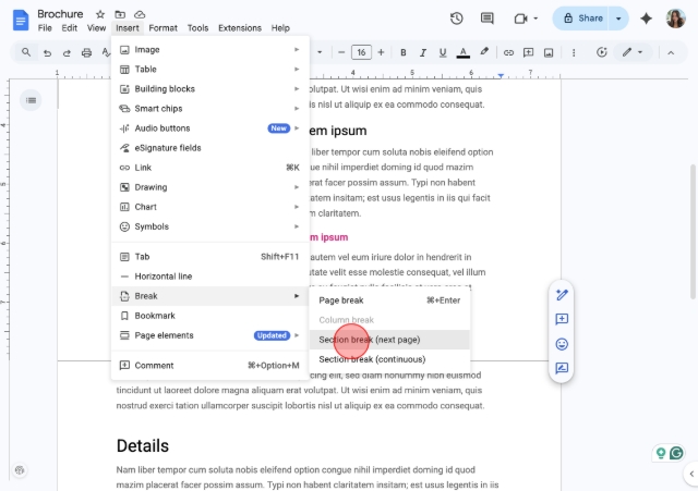 <p>Click Break -> "Section break (next page)".</p>