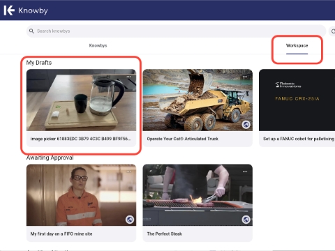 <p>When you are back in the office, open a Chrome Browser and login to <a class="e-rte-anchor" href="https://www.knowby.pro" title="https://www.knowby.pro" target="_blank" aria-label="Open in new window">https://www.knowby.pro</a><br><br><br>Click on <em><strong>Workspace,</strong></em> and you will see you knowbys you uploaded in the <strong><em>My Drafts</em></strong> section.</p>