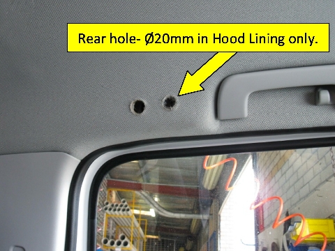 <ul><li>Remove Skewer from rear position and drill Hood lining only with Ø20mm Hole saw.</li></ul>